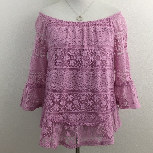 Pink Lace Bell Sleeve Off the Shoulder top - Picture 2 of 7